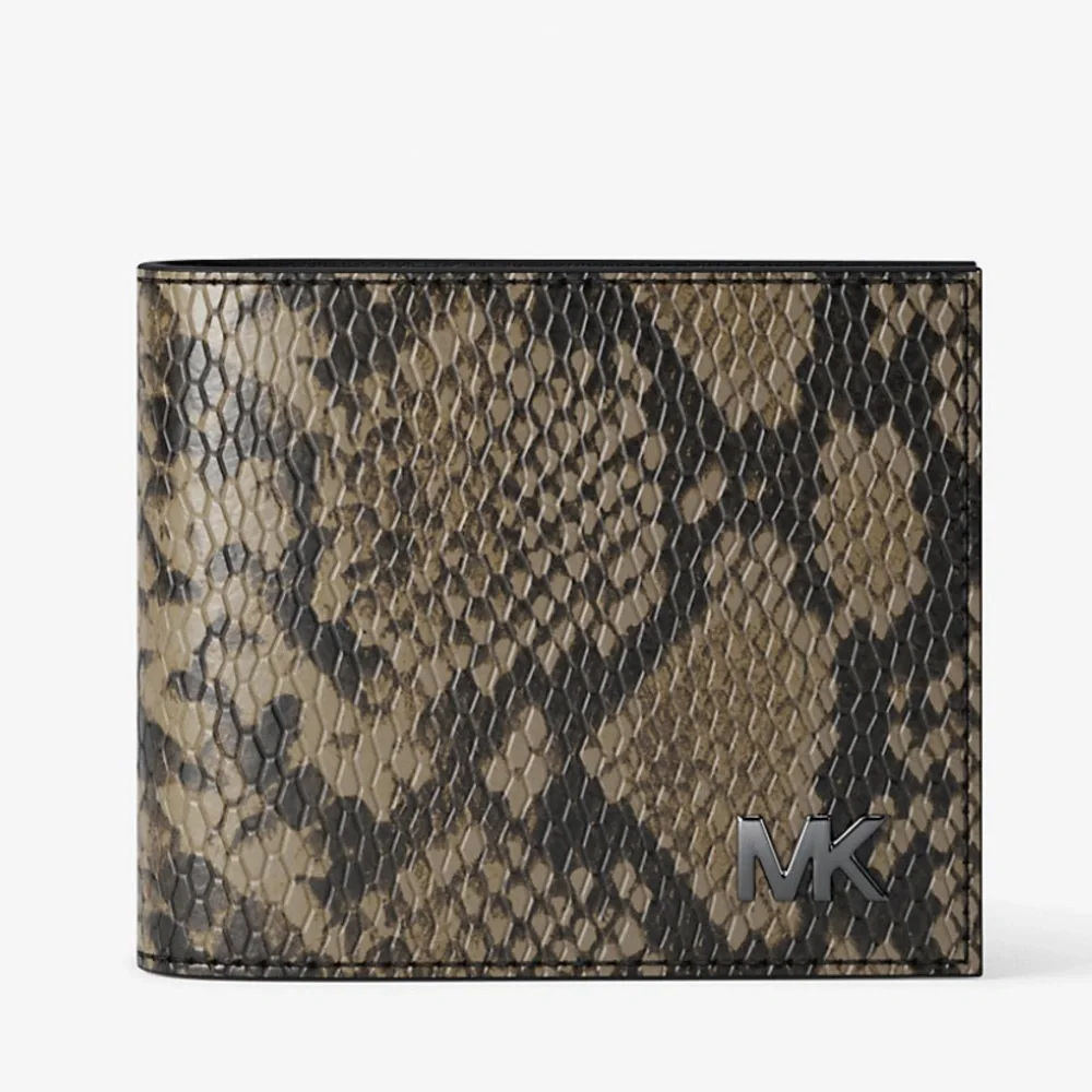 MICHAEL KORS Cyrus Snake Embossed Billfold Wallet With Coin Pouch Driftwood  NWT
